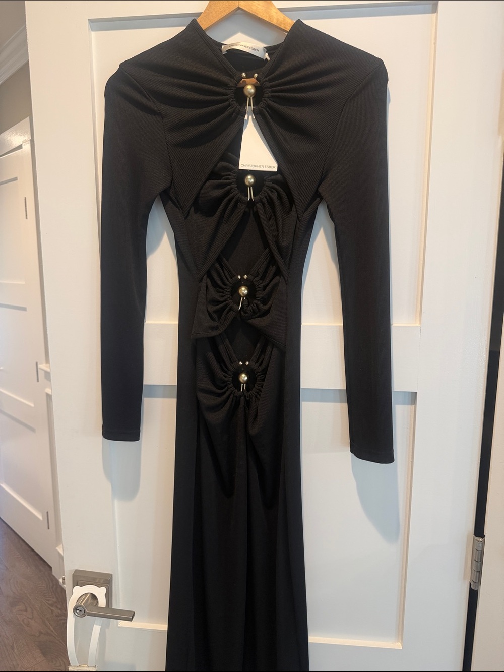 Christopher Esber Black Long Sleeve Cutout Maxi Dress with Gold Accents